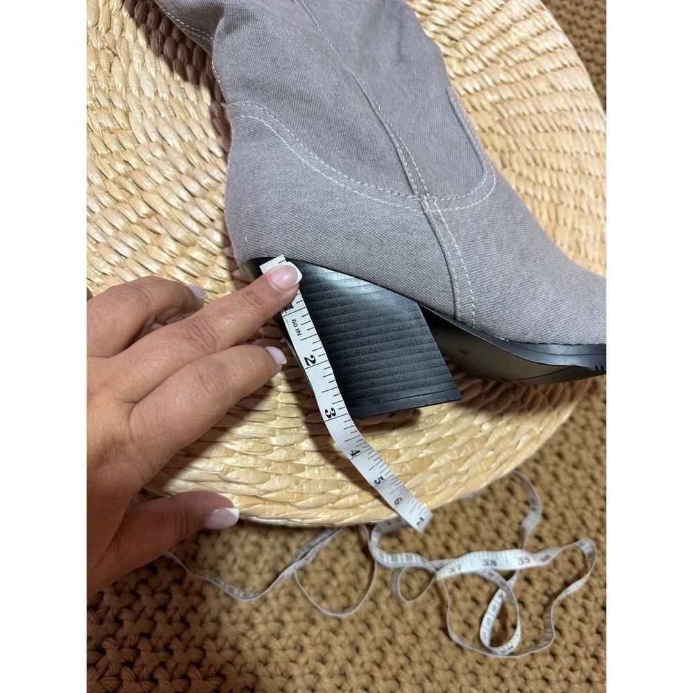 VIVIANLY Gray Denim Look Distressed Pocket‎ Over The Knee Cowboy Western Boots